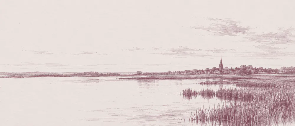 Engraving of English marshland: broad still water, reed beds on the right, and a distant market town with a church spire on a low horizon.