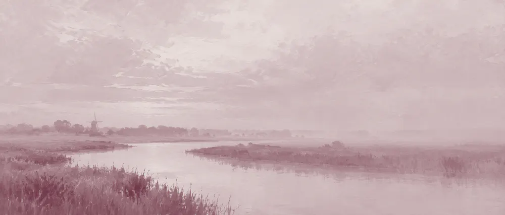 Painting of an English fen at dawn: a slow river winding through reeds toward a distant windmill, with mist over the water.